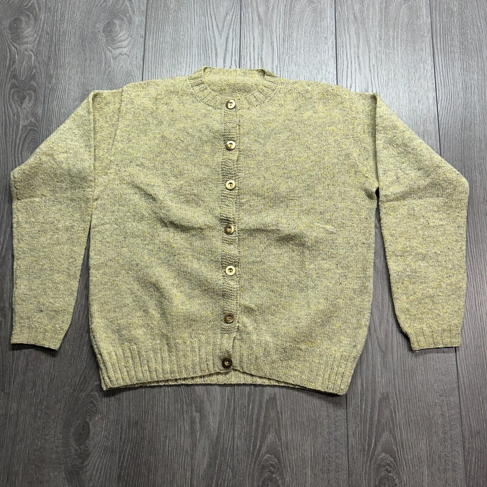 Vintage 1960s Wool Cardigan Sweater Small Marled Yellow Grey Crew Neck Layering